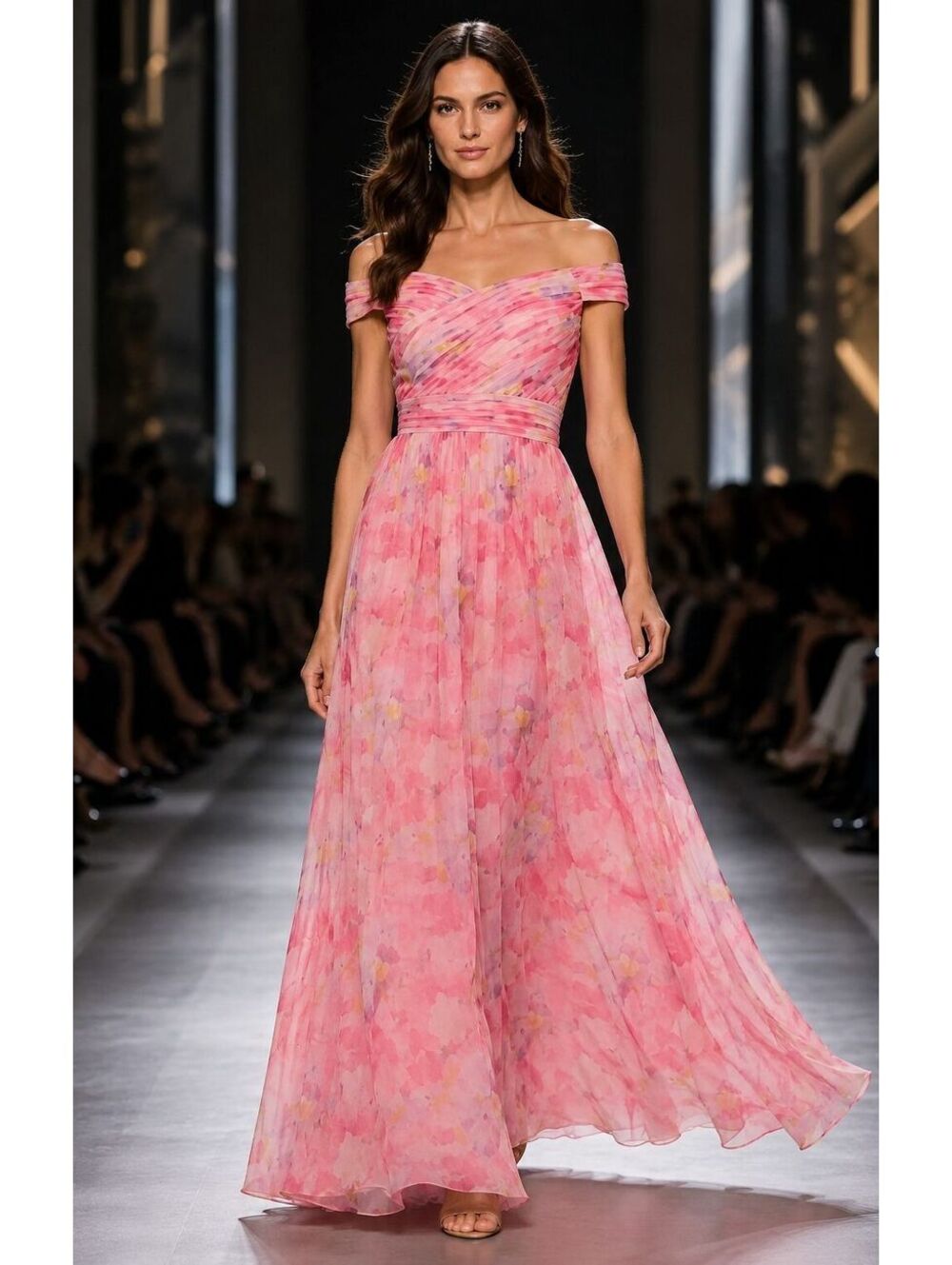 $400 Adrianna Papell Pink Tulle Floral Print Off Shoulder Gown Plus Size 14W